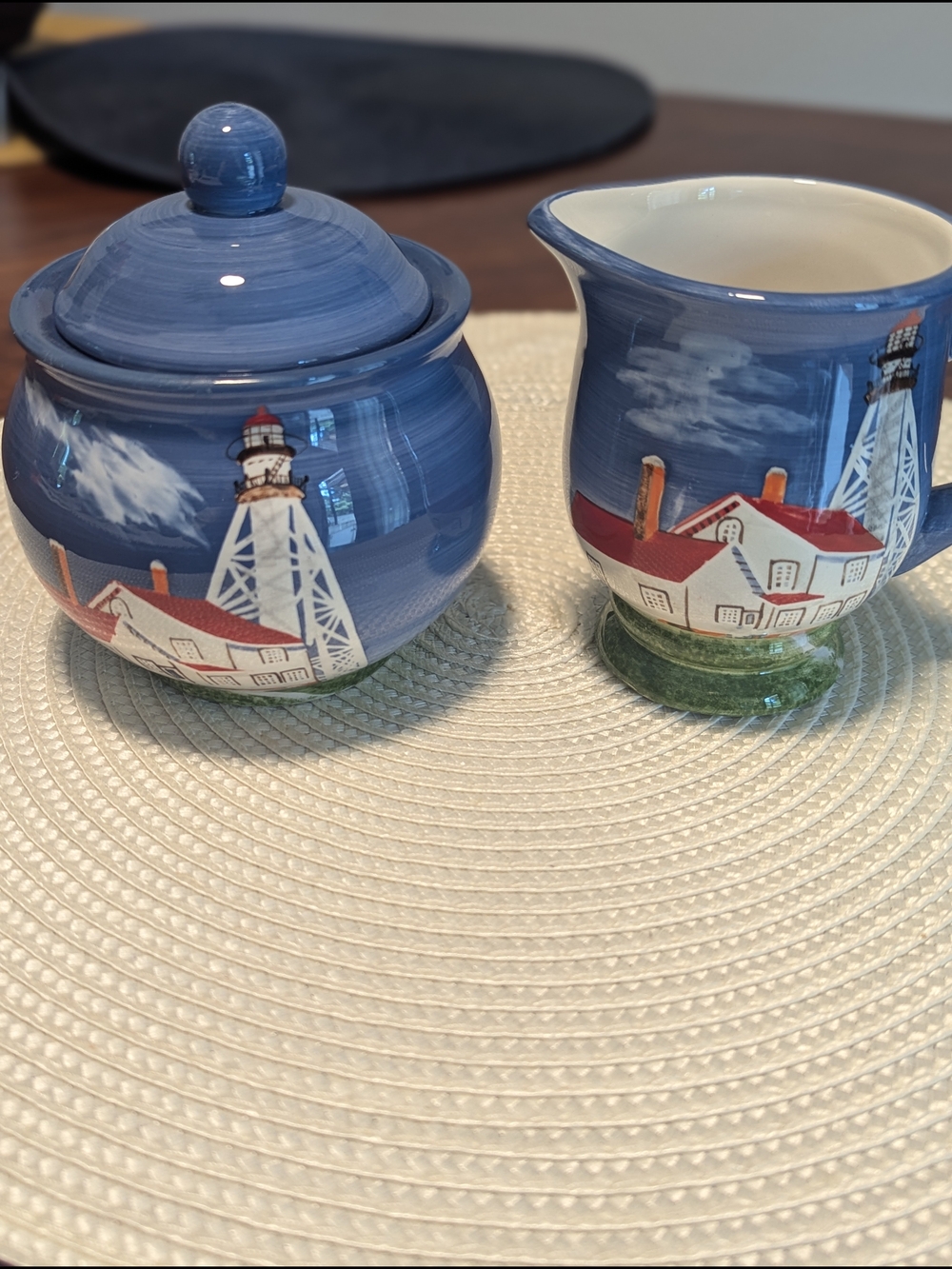 Lefton Blue Lighthouse Sugar Bowl and Creamer Set.